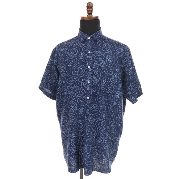 Polo Ralph Lauren Shirt Men's Large Blue Paisley Cambridge 100% Linen Vintage - Picture 1 of 4